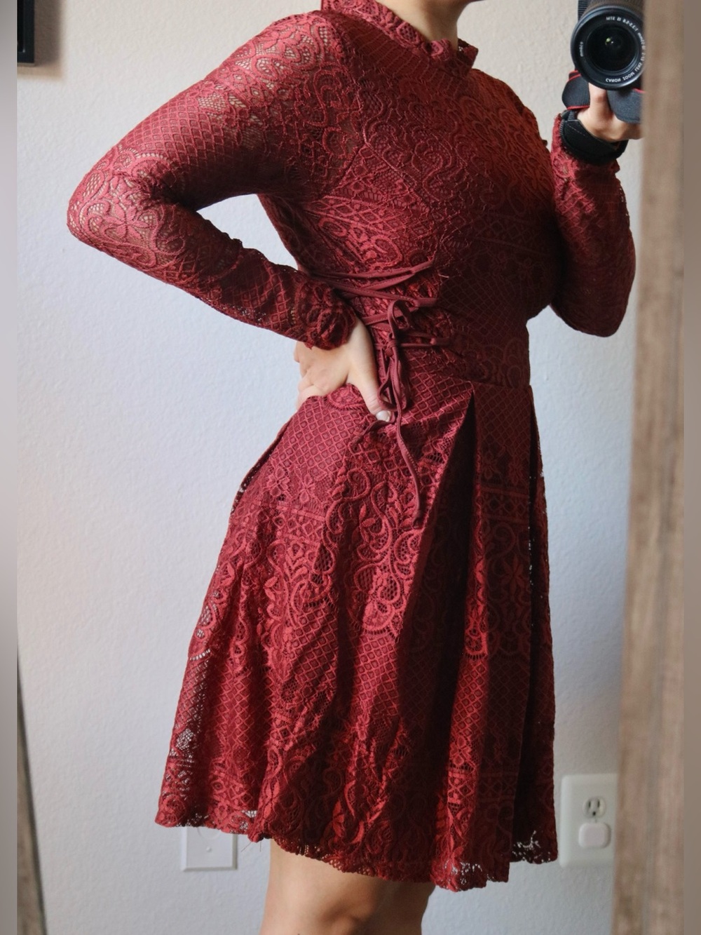 Charlotte Russe Rust Lace Corset Tie Long Sleeve Dress Whimsy Goth Cottage Goth